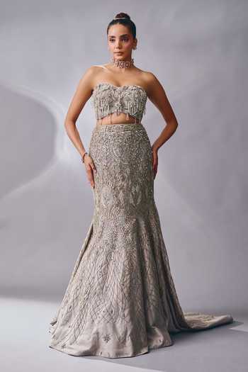 Rachit Khanna Silver Satin, Tulle Stones, Tassels Bandeau Cutdana Embellished Lehenga Set Online at Aza Fashions Rachit Khanna_Silver Satin, Tulle Stones, Tassels Bandeau Cutdana Embellished Lehenga Set _Online_at_Aza_Fashions