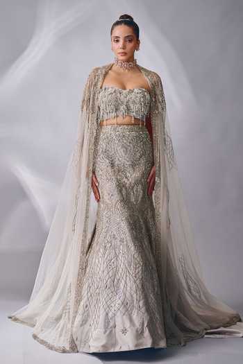 Buy Rachit Khanna Silver Satin, Tulle Stones, Tassels Bandeau Cutdana Embellished Lehenga Set Online at Aza Fashions Buy_Rachit Khanna_Silver Satin, Tulle Stones, Tassels Bandeau Cutdana Embellished Lehenga Set _Online_at_Aza_Fashions