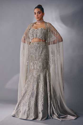 Shop Rachit Khanna Silver Satin, Tulle Stones, Tassels Bandeau Cutdana Embellished Lehenga Set Online at Aza Fashions Shop_Rachit Khanna_Silver Satin, Tulle Stones, Tassels Bandeau Cutdana Embellished Lehenga Set _Online_at_Aza_Fashions