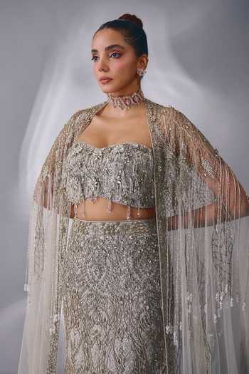 Buy Rachit Khanna Silver Satin, Tulle Stones, Tassels Bandeau Cutdana Embellished Lehenga Set Buy_Rachit Khanna_Silver Satin, Tulle Stones, Tassels Bandeau Cutdana Embellished Lehenga Set