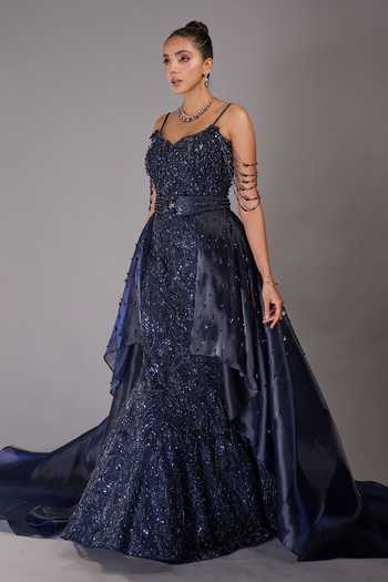 Rachit Khanna Blue Satin, Tulle Embroidery, Sequins, Beads, Stones Sweetheart Thread Work Gown Online at Aza Fashions Rachit Khanna_Blue Satin, Tulle Embroidery, Sequins, Beads, Stones Sweetheart Thread Work Gown _Online_at_Aza_Fashions