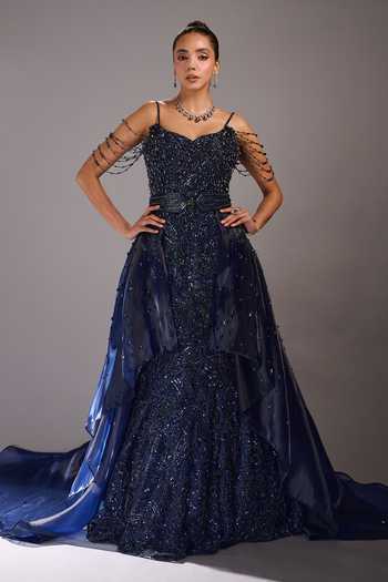 Buy Rachit Khanna Blue Satin, Tulle Embroidery, Sequins, Beads, Stones Sweetheart Thread Work Gown Online at Aza Fashions Buy_Rachit Khanna_Blue Satin, Tulle Embroidery, Sequins, Beads, Stones Sweetheart Thread Work Gown _Online_at_Aza_Fashions