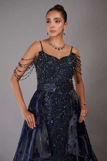 Shop Rachit Khanna Blue Satin, Tulle Embroidery, Sequins, Beads, Stones Sweetheart Thread Work Gown Online at Aza Fashions Shop_Rachit Khanna_Blue Satin, Tulle Embroidery, Sequins, Beads, Stones Sweetheart Thread Work Gown _Online_at_Aza_Fashions