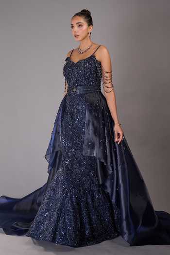 Rachit Khanna_Blue Satin, Tulle Beads, Stones Sweetheart Neck Embellished Gown With Belt _Online_at_Aza_Fashions