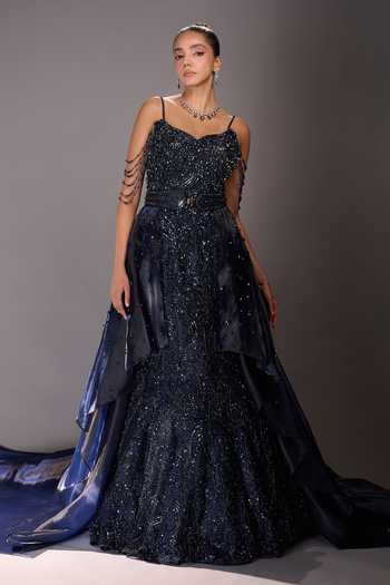 Buy_Rachit Khanna_Blue Satin, Tulle Beads, Stones Sweetheart Neck Embellished Gown With Belt _Online_at_Aza_Fashions