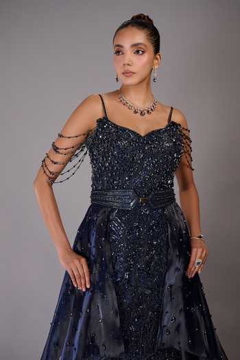 Shop_Rachit Khanna_Blue Satin, Tulle Beads, Stones Sweetheart Neck Embellished Gown With Belt _Online_at_Aza_Fashions