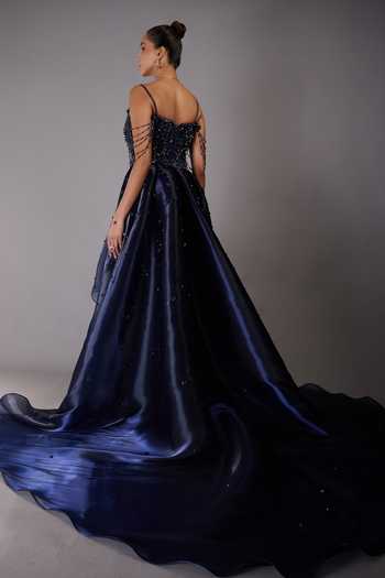 Rachit Khanna_Blue Satin, Tulle Beads, Stones Sweetheart Neck Embellished Gown With Belt _at_Aza_Fashions