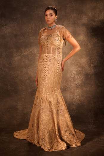 Rachit Khanna Gold Satin, Tulle Sequins, Beads, Pearls, Stones Square Neck Work Corseted Gown Online at Aza Fashions Rachit Khanna_Gold Satin, Tulle Sequins, Beads, Pearls, Stones Square Neck Work Corseted Gown _Online_at_Aza_Fashions