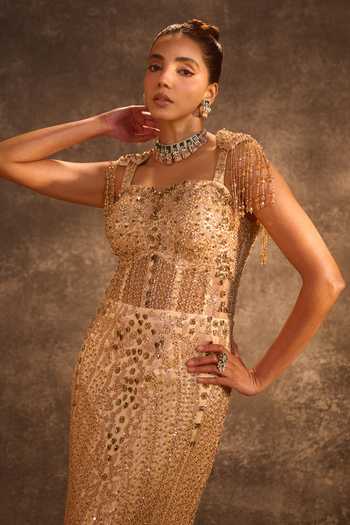 Buy Rachit Khanna Gold Satin, Tulle Sequins, Beads, Pearls, Stones Square Neck Work Corseted Gown Online at Aza Fashions Buy_Rachit Khanna_Gold Satin, Tulle Sequins, Beads, Pearls, Stones Square Neck Work Corseted Gown _Online_at_Aza_Fashions