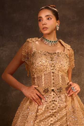 Shop Rachit Khanna Gold Satin, Tulle Sequins, Beads, Pearls, Stones Square Neck Work Corseted Gown Online at Aza Fashions Shop_Rachit Khanna_Gold Satin, Tulle Sequins, Beads, Pearls, Stones Square Neck Work Corseted Gown _Online_at_Aza_Fashions