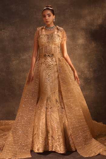 Rachit Khanna Gold Satin, Tulle Sequins, Beads, Pearls, Stones Square Neck Work Corseted Gown at Aza Fashions Rachit Khanna_Gold Satin, Tulle Sequins, Beads, Pearls, Stones Square Neck Work Corseted Gown _at_Aza_Fashions