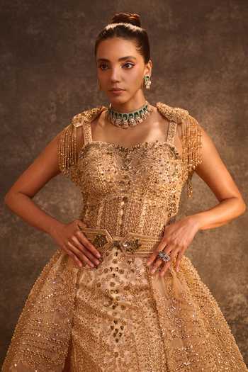 Buy Rachit Khanna Gold Satin, Tulle Sequins, Beads, Pearls, Stones Square Neck Work Corseted Gown Buy_Rachit Khanna_Gold Satin, Tulle Sequins, Beads, Pearls, Stones Square Neck Work Corseted Gown