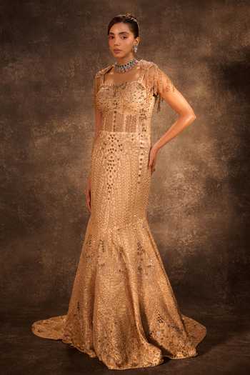 Rachit Khanna Gold Satin, Tulle Beads, Stones Square Neck Work Gown And Belt Set Online at Aza Fashions Rachit Khanna_Gold Satin, Tulle Beads, Stones Square Neck Work Gown And Belt Set _Online_at_Aza_Fashions