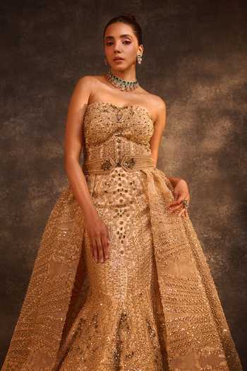 Buy Rachit Khanna Gold Satin, Tulle Beads, Stones Square Neck Work Gown And Belt Set Online at Aza Fashions Buy_Rachit Khanna_Gold Satin, Tulle Beads, Stones Square Neck Work Gown And Belt Set _Online_at_Aza_Fashions