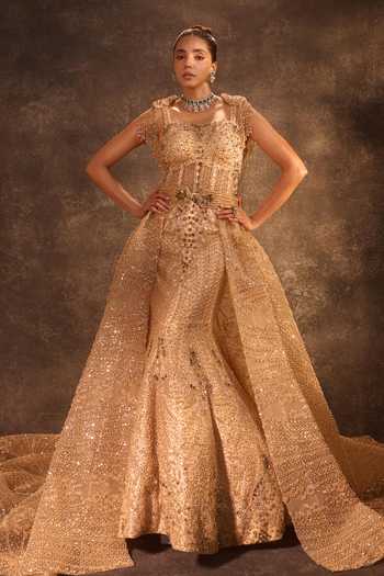 Shop Rachit Khanna Gold Satin, Tulle Beads, Stones Square Neck Work Gown And Belt Set Online at Aza Fashions Shop_Rachit Khanna_Gold Satin, Tulle Beads, Stones Square Neck Work Gown And Belt Set _Online_at_Aza_Fashions