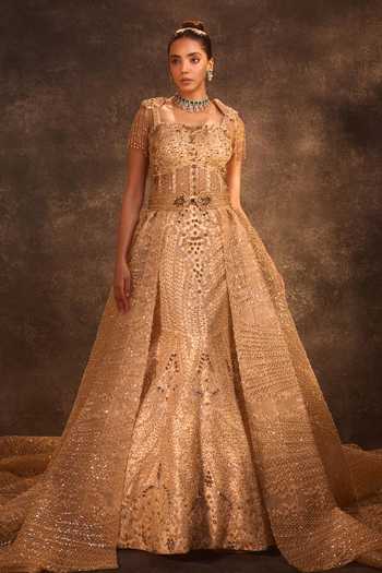 Rachit Khanna Gold Satin, Tulle Beads, Stones Square Neck Work Gown And Belt Set at Aza Fashions Rachit Khanna_Gold Satin, Tulle Beads, Stones Square Neck Work Gown And Belt Set _at_Aza_Fashions