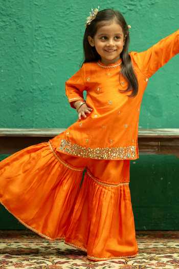 Rage Attire-Sweta Saria_Orange Silk, Bemberg Mirror Work Kurta And Sharara Set _Online_at_Aza_Fashions