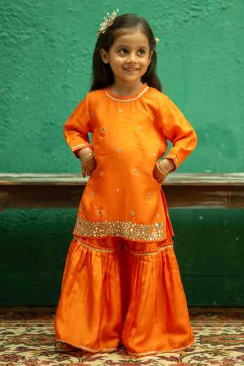 Shop_Rage Attire-Sweta Saria_Orange Silk, Bemberg Mirror Work Kurta And Sharara Set _Online_at_Aza_Fashions