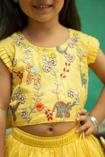 Rage Attire-Sweta Saria_Yellow Silk, Bemberg Safari Embroidered Lehenga And Blouse Set _Online_at_Aza_Fashions