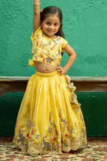 Shop_Rage Attire-Sweta Saria_Yellow Silk, Bemberg Safari Embroidered Lehenga And Blouse Set _Online_at_Aza_Fashions