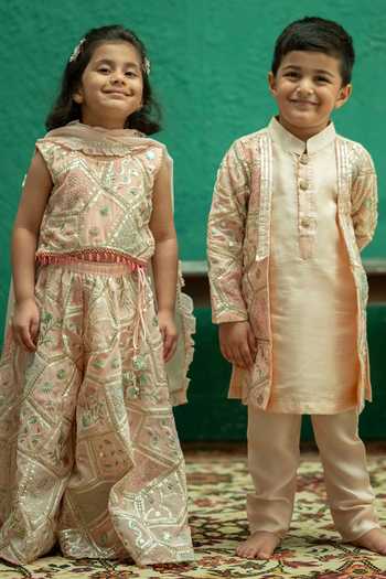 Rage Attire-Sweta Saria_Peach Georgette Mirrors, Gota Patti Lace Hexagon Palazzo Set _Online_at_Aza_Fashions