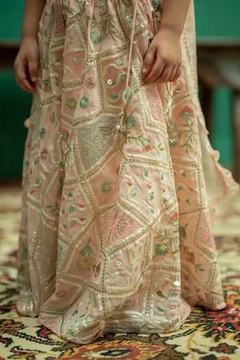 Shop_Rage Attire-Sweta Saria_Peach Georgette Mirrors, Gota Patti Lace Hexagon Palazzo Set 