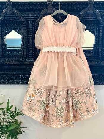 Rage Attire-Sweta Saria_Peach Organza, Satin Flamingo Floral Embroidered Lehenga Set _Online_at_Aza_Fashions