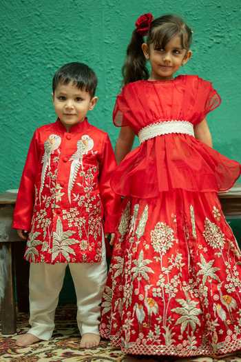Shop_Rage Attire-Sweta Saria_Red Organza, Satin Flamingo Floral Embroidered Lehenga And Top Set _Online_at_Aza_Fashions