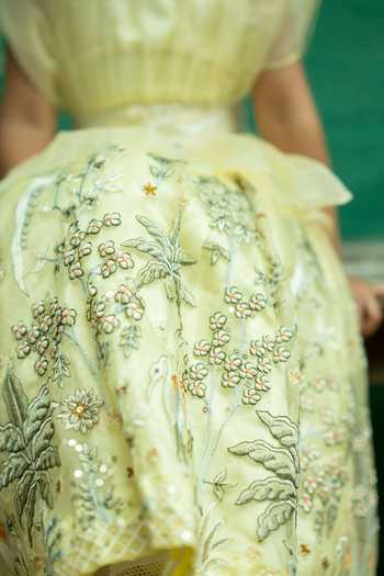 Shop_Rage Attire-Sweta Saria_Yellow Organza, Satin Flamingo Floral Embroidered Lehenga And Top Set _Online_at_Aza_Fashions