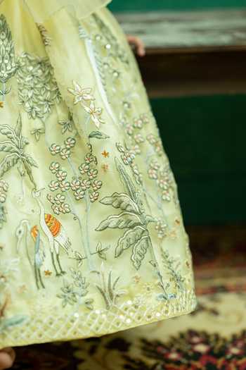 Rage Attire-Sweta Saria_Yellow Organza, Satin Flamingo Floral Embroidered Lehenga And Top Set _at_Aza_Fashions