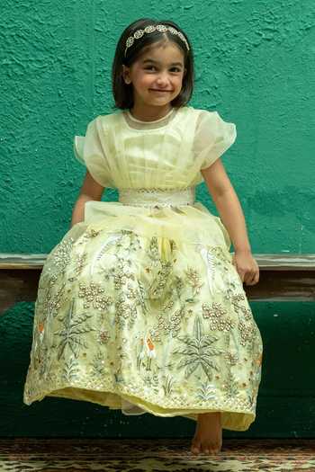 Buy_Rage Attire-Sweta Saria_Yellow Organza, Satin Flamingo Floral Embroidered Lehenga And Top Set 