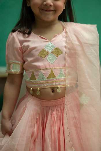 Rage Attire-Sweta Saria_Pink Silk, Bemberg Triangle Gota Lace Lehenga Set _Online_at_Aza_Fashions