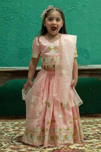 Buy_Rage Attire-Sweta Saria_Pink Silk, Bemberg Triangle Gota Lace Lehenga Set _Online_at_Aza_Fashions