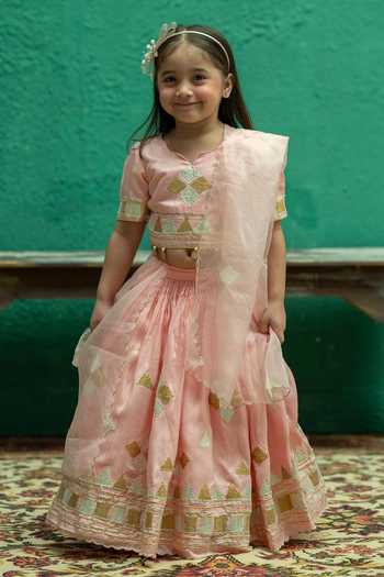 Shop_Rage Attire-Sweta Saria_Pink Silk, Bemberg Triangle Gota Lace Lehenga Set _Online_at_Aza_Fashions