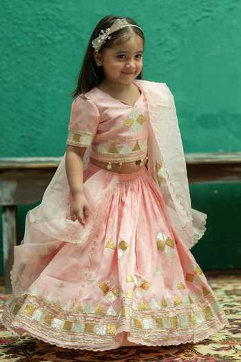 Rage Attire-Sweta Saria_Pink Silk, Bemberg Triangle Gota Lace Lehenga Set _at_Aza_Fashions