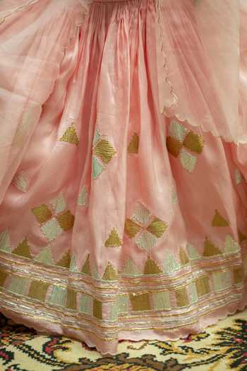 Buy_Rage Attire-Sweta Saria_Pink Silk, Bemberg Triangle Gota Lace Lehenga Set 