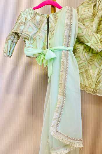Rage Attire-Sweta Saria_Green Silk, Bemberg Geometric Gota Lace Lehenga Set _Online_at_Aza_Fashions