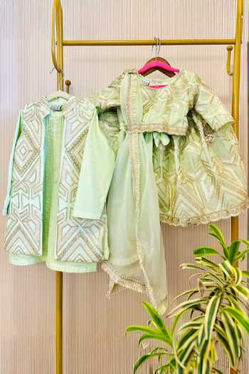 Buy_Rage Attire-Sweta Saria_Green Silk, Bemberg Geometric Gota Lace Lehenga Set _Online_at_Aza_Fashions