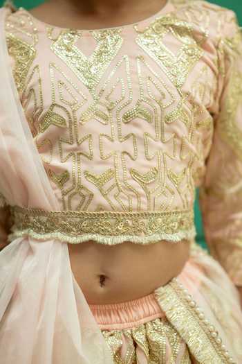 Rage Attire-Sweta Saria_Pink Silk, Bemberg Geometric Gota Lace Lehenga Set _Online_at_Aza_Fashions