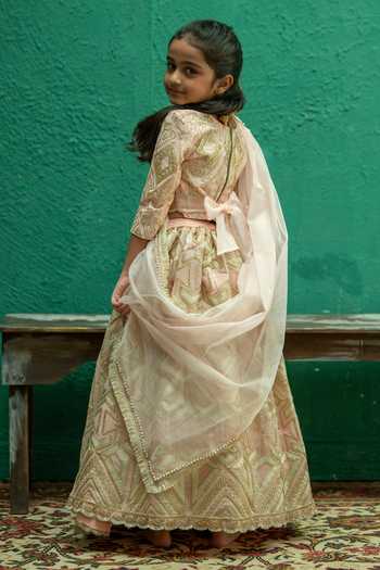 Buy_Rage Attire-Sweta Saria_Pink Silk, Bemberg Geometric Gota Lace Lehenga Set _Online_at_Aza_Fashions