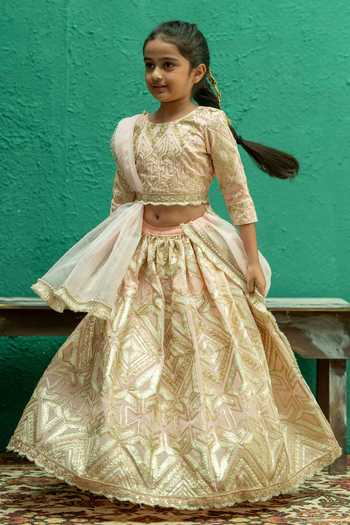 Shop_Rage Attire-Sweta Saria_Pink Silk, Bemberg Geometric Gota Lace Lehenga Set _Online_at_Aza_Fashions