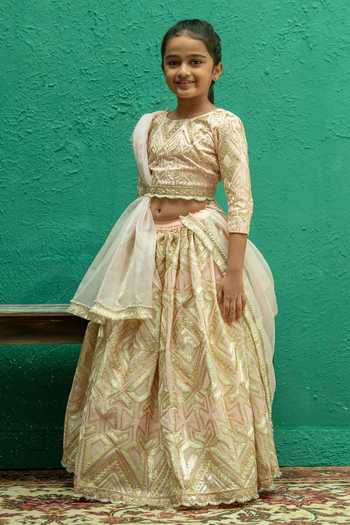 Rage Attire-Sweta Saria_Pink Silk, Bemberg Geometric Gota Lace Lehenga Set _at_Aza_Fashions