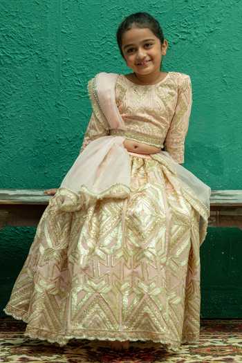 Buy_Rage Attire-Sweta Saria_Pink Silk, Bemberg Geometric Gota Lace Lehenga Set 