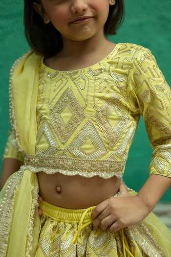Rage Attire-Sweta Saria_Yellow Silk, Bemberg Geometric Gota Lace Lehenga Set _Online_at_Aza_Fashions