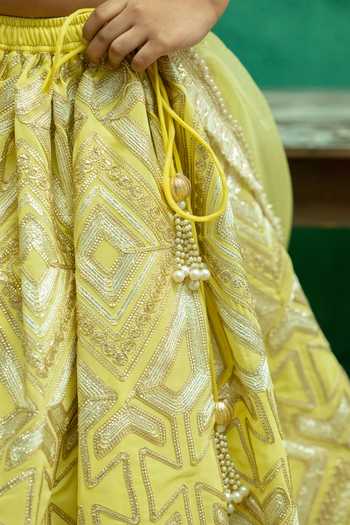 Buy_Rage Attire-Sweta Saria_Yellow Silk, Bemberg Geometric Gota Lace Lehenga Set _Online_at_Aza_Fashions