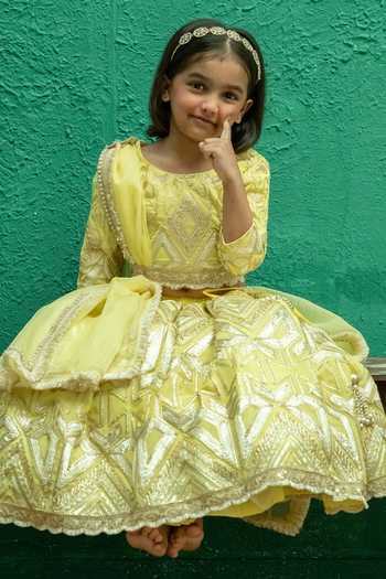 Shop_Rage Attire-Sweta Saria_Yellow Silk, Bemberg Geometric Gota Lace Lehenga Set _Online_at_Aza_Fashions
