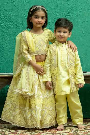 Rage Attire-Sweta Saria_Yellow Silk, Bemberg Geometric Gota Lace Lehenga Set _at_Aza_Fashions