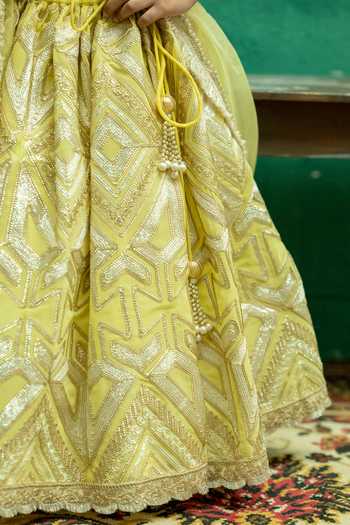 Buy_Rage Attire-Sweta Saria_Yellow Silk, Bemberg Geometric Gota Lace Lehenga Set 