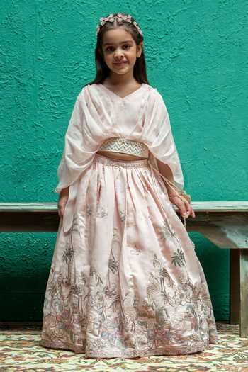Buy_Rage Attire-Sweta Saria_Peach Silk, Bemberg Flamingo And Floral Embroidered Lehenga With Top _Online_at_Aza_Fashions