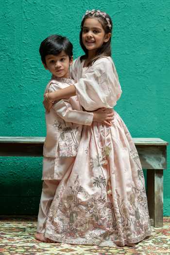 Rage Attire-Sweta Saria_Peach Silk, Bemberg Flamingo And Floral Embroidered Lehenga With Top _at_Aza_Fashions